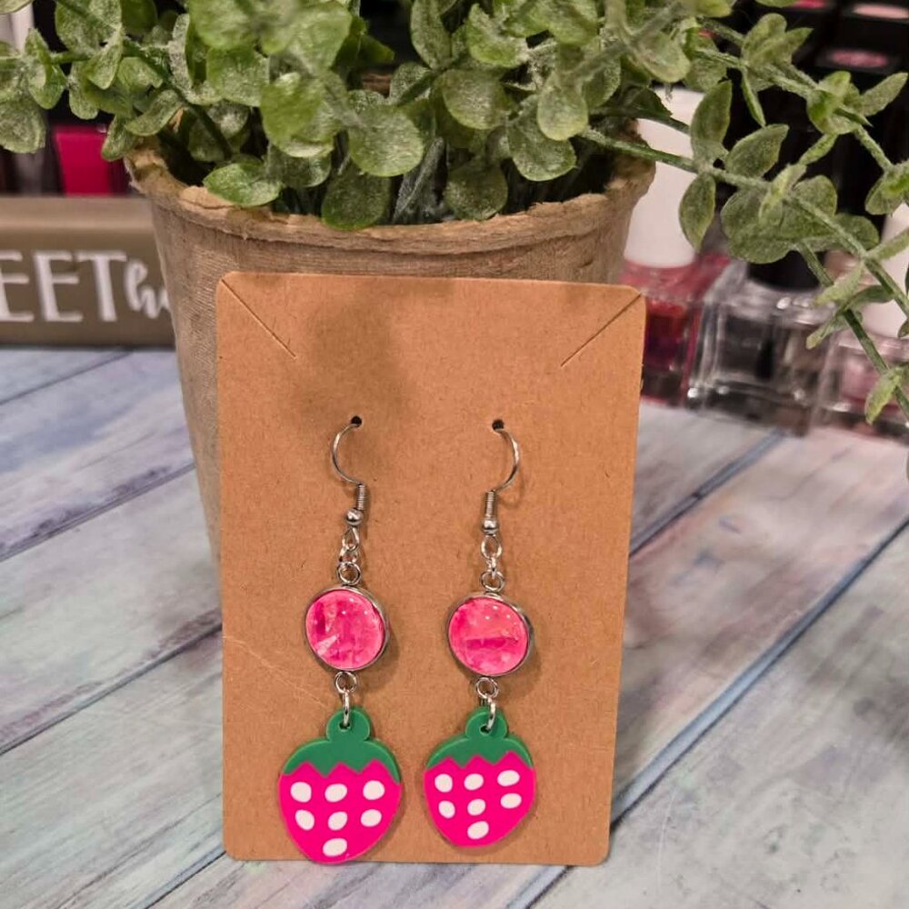 Handmade Strawberry Dangle Earrings | Pink Druzy Fruit Earrings |